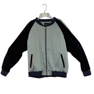 Goelia Bomber Jacket Small S Blue‎ Green Velvet Embroidered Colorful Magic